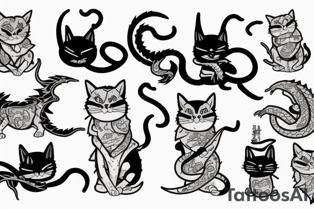 ninja cat sitting on the back of a dragon tattoo idea