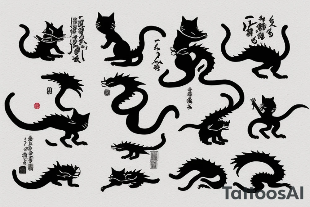 ninja cat sitting on the back of a dragon tattoo idea