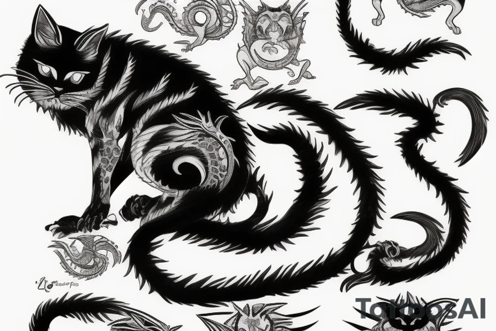 ninja cat sitting on the back of a dragon tattoo idea