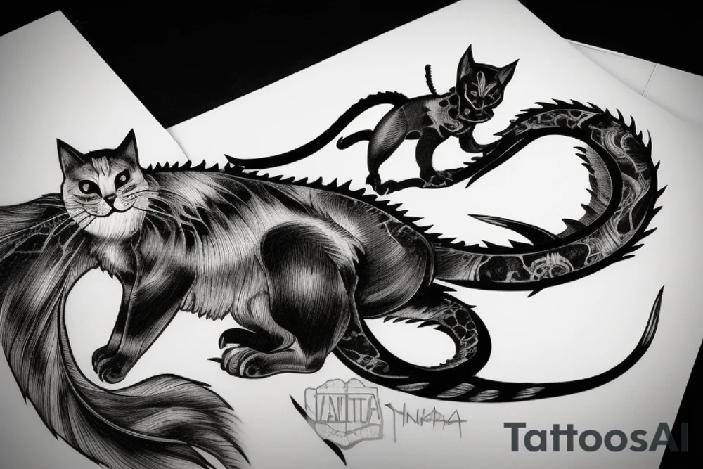ninja cat sitting on the back of a dragon tattoo idea