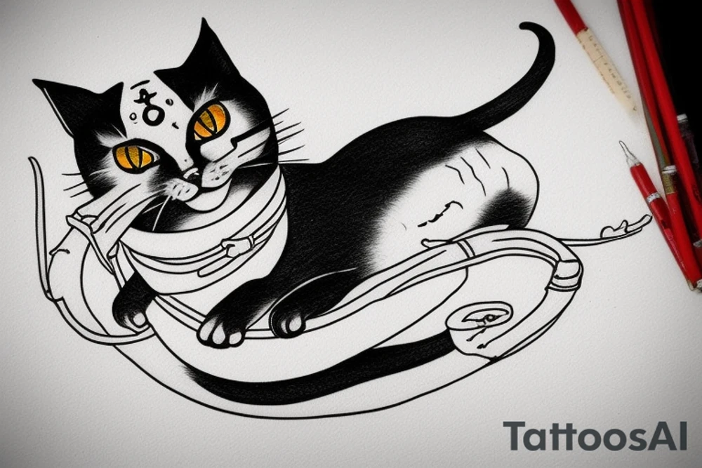 ninja cat sitting with one eye tattoo idea