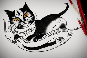 ninja cat sitting with one eye tattoo idea