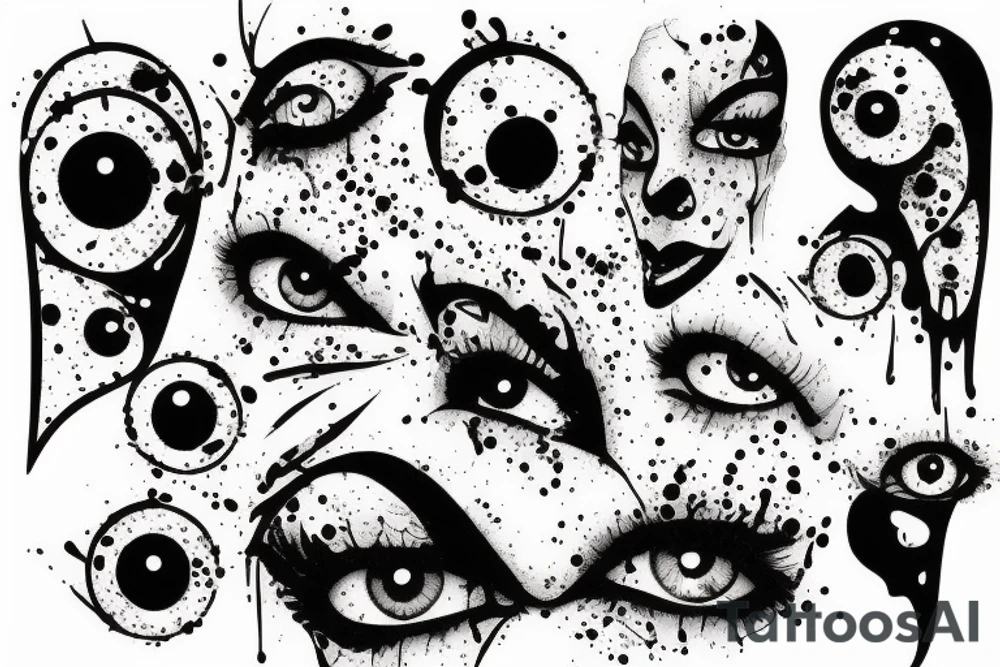 Tattoo trash polka design ,eye,splatter,grunge on woman leg tattoo idea