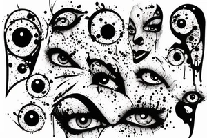 Tattoo trash polka design ,eye,splatter,grunge on woman leg tattoo idea