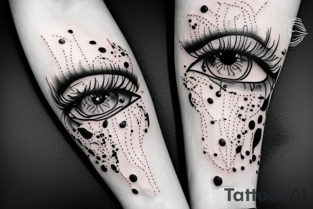 Tattoo trash polka design ,eye,splatter,grunge on woman leg tattoo idea