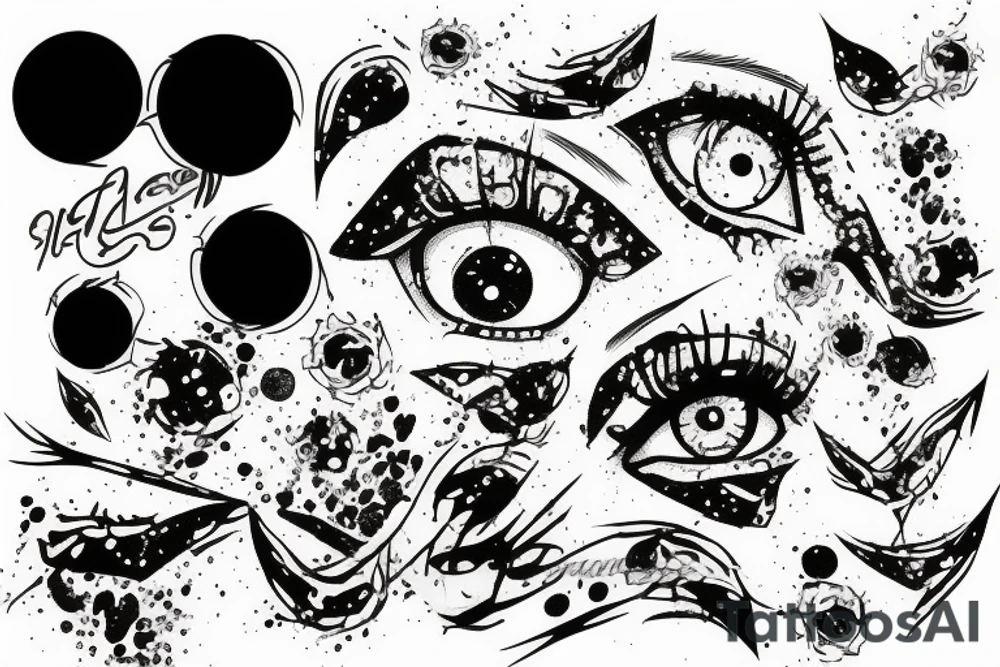 Tattoo trash polka design ,eye,splatter,grunge on woman leg tattoo idea