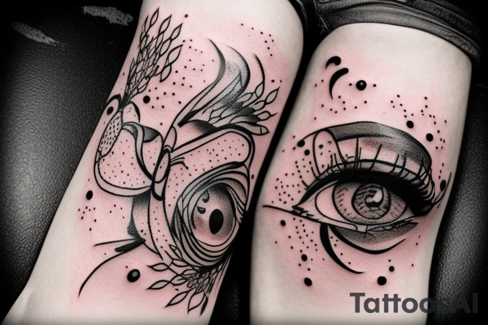 Tattoo trash polka design ,eye,splatter,grunge on woman leg tattoo idea