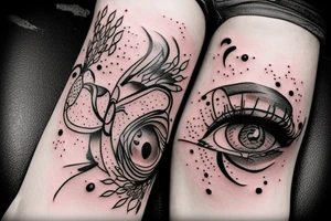 Tattoo trash polka design ,eye,splatter,grunge on woman leg tattoo idea