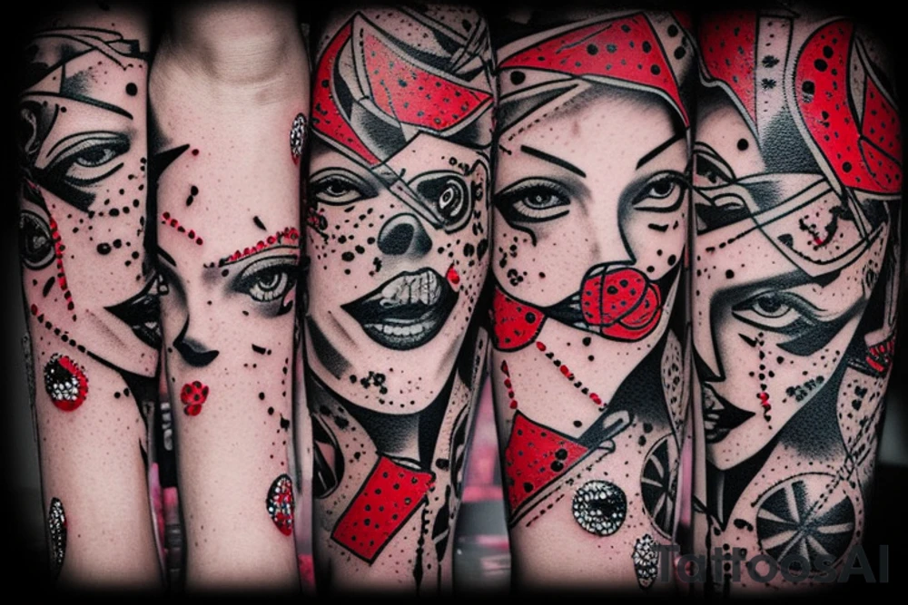 Tattoo trash polka design ,eye,splatter,grunge on woman leg ,red geometric elements tattoo idea