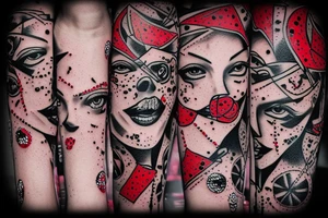 Tattoo trash polka design ,eye,splatter,grunge on woman leg ,red geometric elements tattoo idea