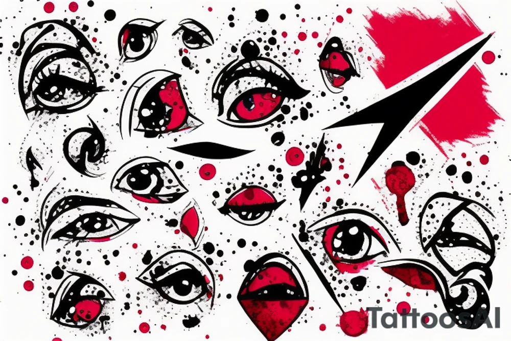 Tattoo trash polka design ,eye,splatter,grunge on woman leg ,red geometric elements tattoo idea