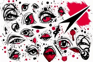 Tattoo trash polka design ,eye,splatter,grunge on woman leg ,red geometric elements tattoo idea