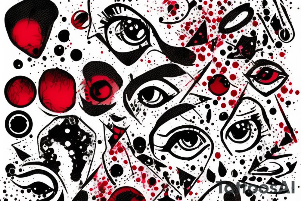 Tattoo trash polka design ,eye realism ,splatter,grunge on woman leg ,red geometric elements tattoo idea