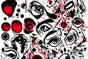 Tattoo trash polka design ,eye realism ,splatter,grunge on woman leg ,red geometric elements tattoo idea