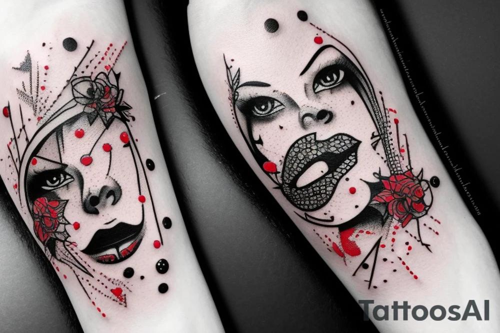 Tattoo trash polka design ,eye realism ,splatter,grunge on woman leg ,red geometric elements tattoo idea