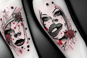 Tattoo trash polka design ,eye realism ,splatter,grunge on woman leg ,red geometric elements tattoo idea