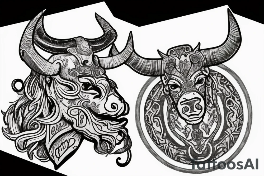 A fine line Greek mythology bull head with Greek 6 packs body tattoo idea
