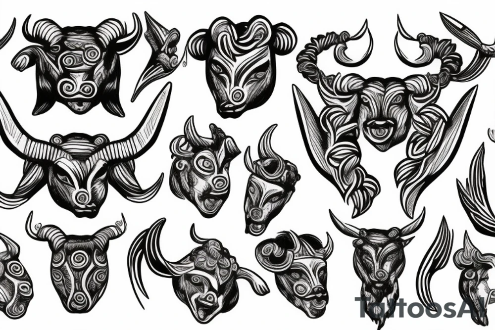 A fine line Greek mythology bull head with Greek 6 packs body tattoo idea