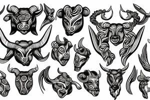 A fine line Greek mythology bull head with Greek 6 packs body tattoo idea