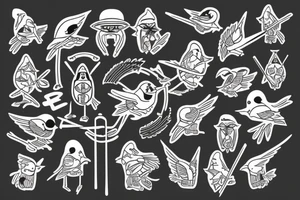 A bird with samurai hats tattoo idea
