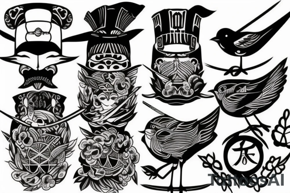 A bird with samurai hats tattoo idea