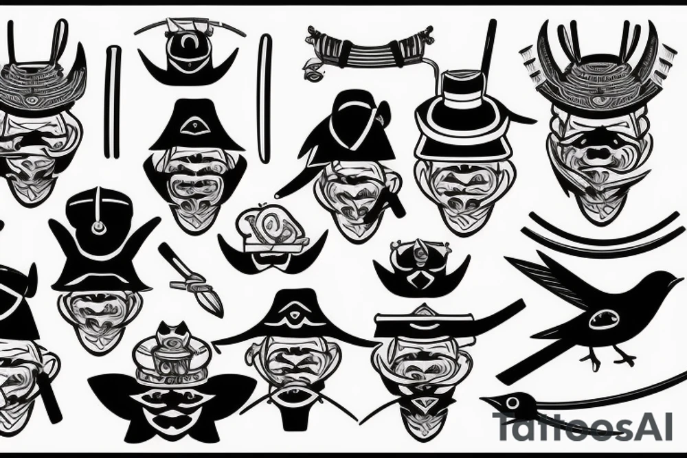 A bird with samurai hats tattoo idea