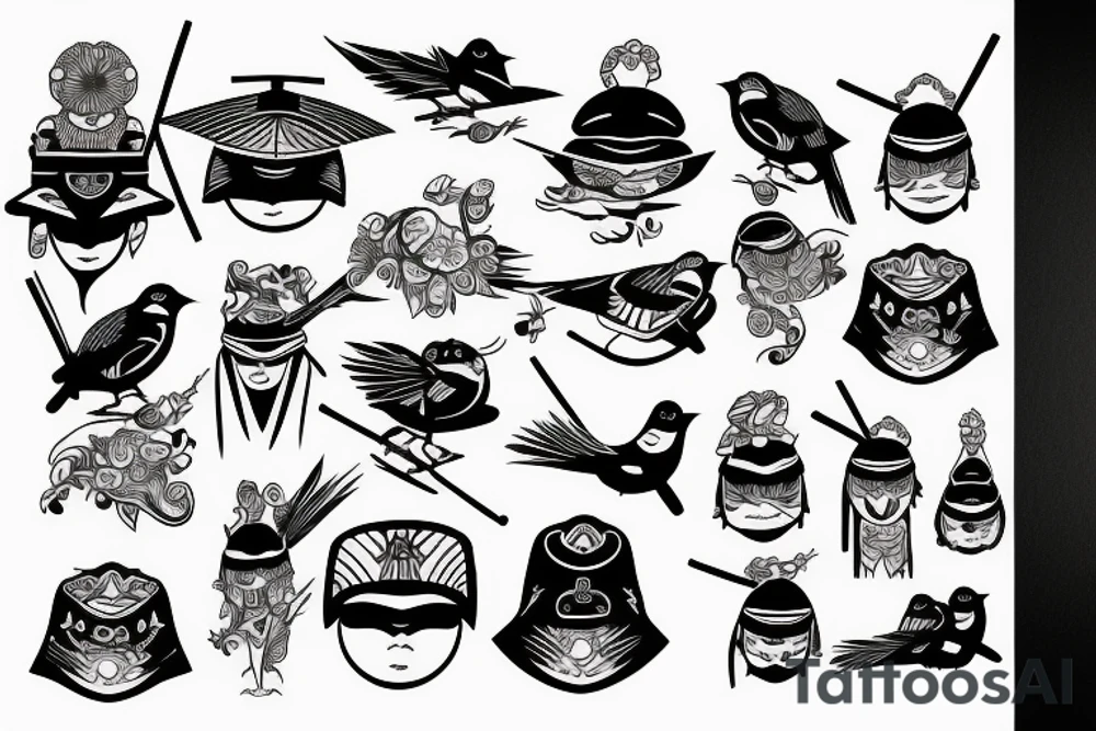 A bird with samurai hats tattoo idea