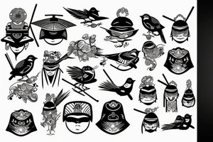 A bird with samurai hats tattoo idea