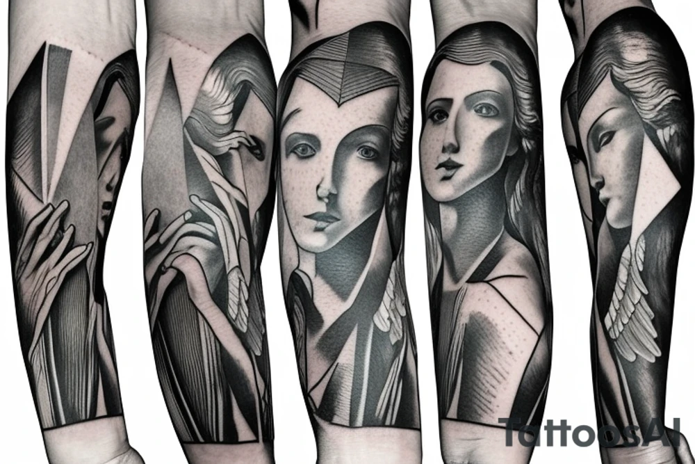 Statute like Roman angel reaching up with one hand with geometric lines tattoo idea