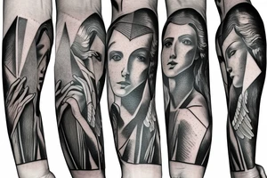 Statute like Roman angel reaching up with one hand with geometric lines tattoo idea