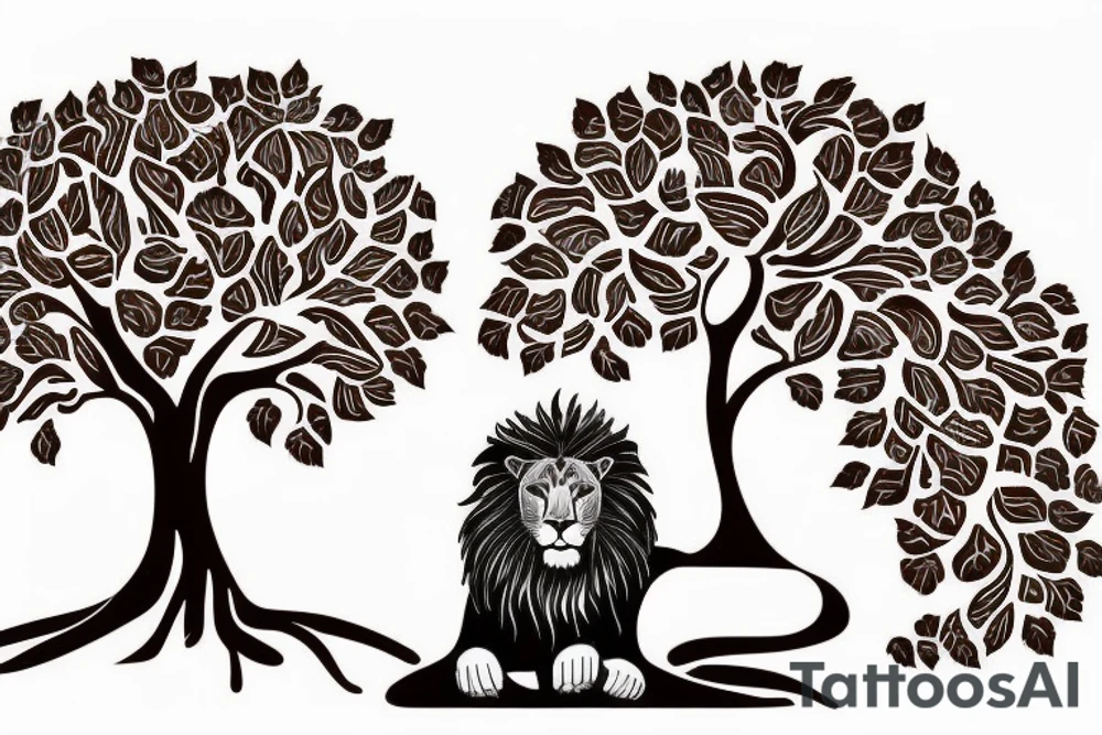 Full tree of life with a lion sitting underneath with mouth closed. 3 chocolate labs sitting underneath the tree as well.  Sunset behind the tree tattoo idea