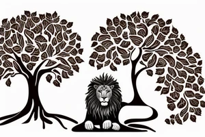 Full tree of life with a lion sitting underneath with mouth closed. 3 chocolate labs sitting underneath the tree as well.  Sunset behind the tree tattoo idea