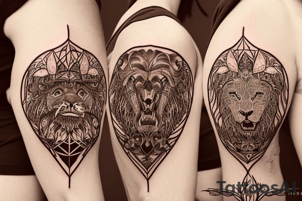 Full tree of life with a lion sitting underneath with mouth closed. 3 chocolate labs sitting underneath the tree as well.  Sunset behind the tree tattoo idea