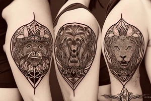Full tree of life with a lion sitting underneath with mouth closed. 3 chocolate labs sitting underneath the tree as well.  Sunset behind the tree tattoo idea