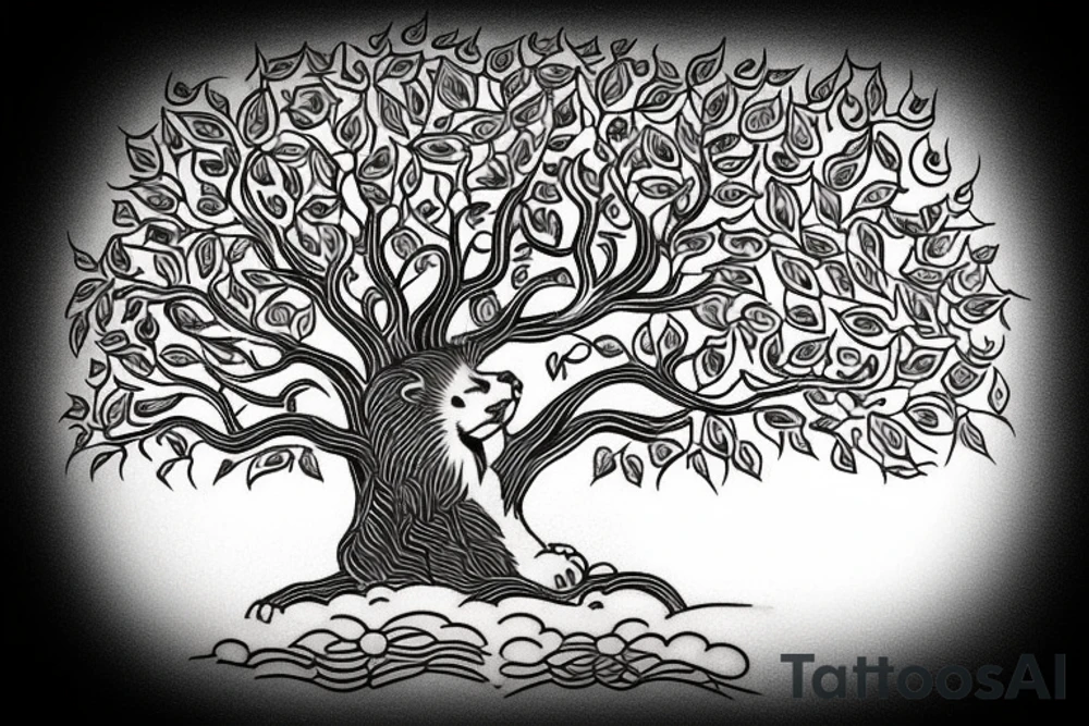 Full tree of life with a lion sitting underneath with mouth closed. 3 chocolate labs sitting underneath the tree as well.  Sunset behind the tree tattoo idea