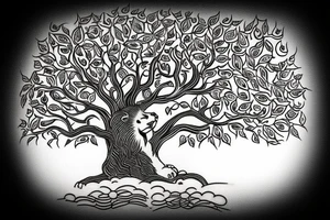 Full tree of life with a lion sitting underneath with mouth closed. 3 chocolate labs sitting underneath the tree as well.  Sunset behind the tree tattoo idea