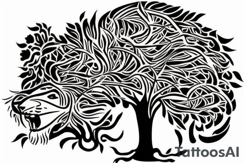 Full tree of life with a lion sitting underneath with mouth closed. 3 chocolate labs sitting underneath the tree as well.  Sunset behind the tree tattoo idea