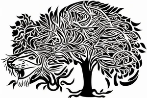 Full tree of life with a lion sitting underneath with mouth closed. 3 chocolate labs sitting underneath the tree as well.  Sunset behind the tree tattoo idea
