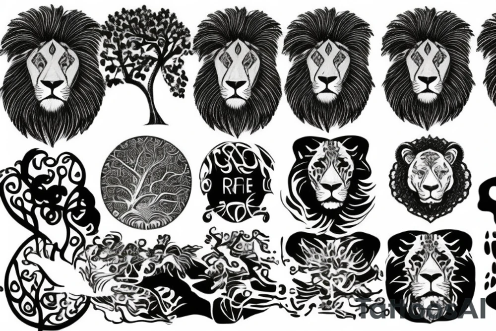 Full tree of life with a lion sitting underneath with mouth closed. 3 chocolate labs sitting underneath the tree as well.  Sunset behind the tree tattoo idea
