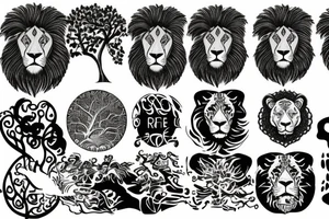 Full tree of life with a lion sitting underneath with mouth closed. 3 chocolate labs sitting underneath the tree as well.  Sunset behind the tree tattoo idea