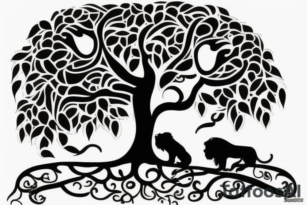 Full tree of life with a lion sitting underneath with mouth closed. 3 chocolate labs sitting underneath the tree as well.  Sunset behind the tree tattoo idea