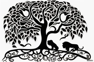 Full tree of life with a lion sitting underneath with mouth closed. 3 chocolate labs sitting underneath the tree as well.  Sunset behind the tree tattoo idea