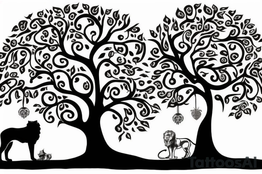 Full tree of life with a lion sitting underneath with mouth closed. 3 chocolate labs sitting underneath the tree as well.  Sunset behind the tree tattoo idea