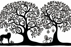 Full tree of life with a lion sitting underneath with mouth closed. 3 chocolate labs sitting underneath the tree as well.  Sunset behind the tree tattoo idea