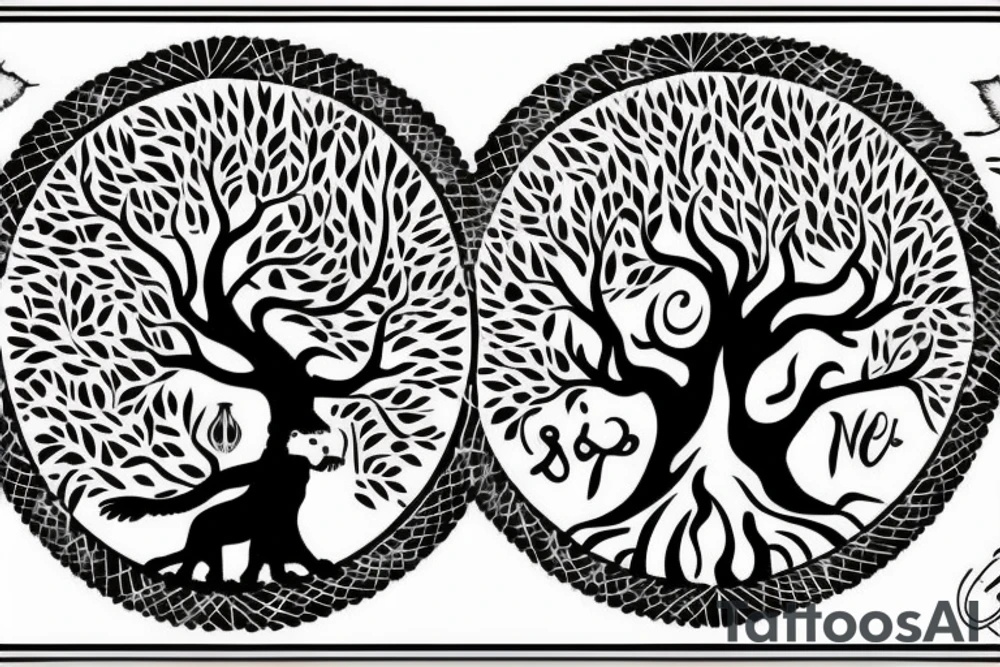 Full tree of life with a lion sitting underneath with mouth closed. 3 chocolate labs sitting underneath the tree as well.  Sunset behind the tree tattoo idea