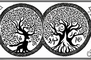 Full tree of life with a lion sitting underneath with mouth closed. 3 chocolate labs sitting underneath the tree as well.  Sunset behind the tree tattoo idea