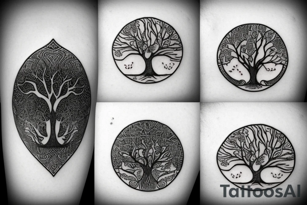 Full tree of life with a lion sitting underneath with mouth closed. 3 chocolate labs sitting underneath the tree as well.  Sunset behind the tree tattoo idea