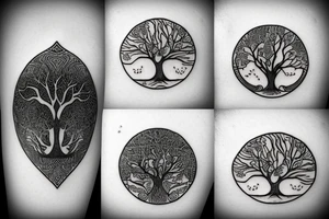 Full tree of life with a lion sitting underneath with mouth closed. 3 chocolate labs sitting underneath the tree as well.  Sunset behind the tree tattoo idea
