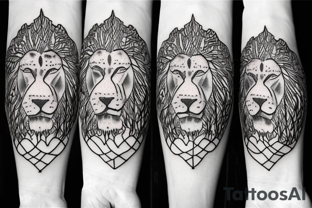 Full tree of life with a lion sitting underneath with mouth closed. 3 chocolate labs sitting underneath the tree as well.  Sunset behind the tree tattoo idea