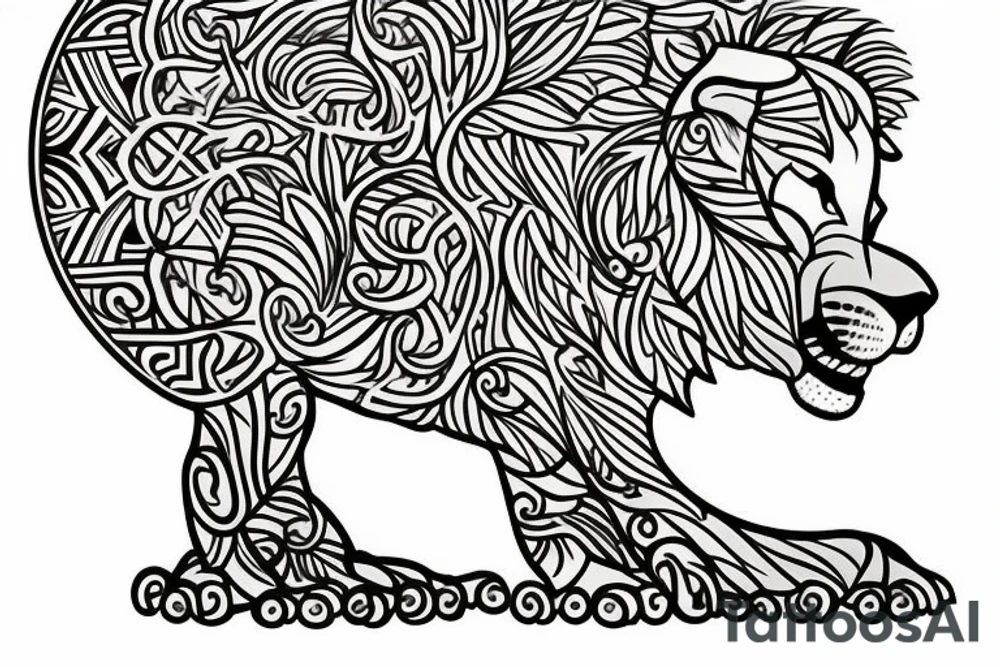 Full tree of life with a lion sitting underneath with mouth closed. 3 chocolate labs sitting underneath the tree as well.  Sunset behind the tree tattoo idea
